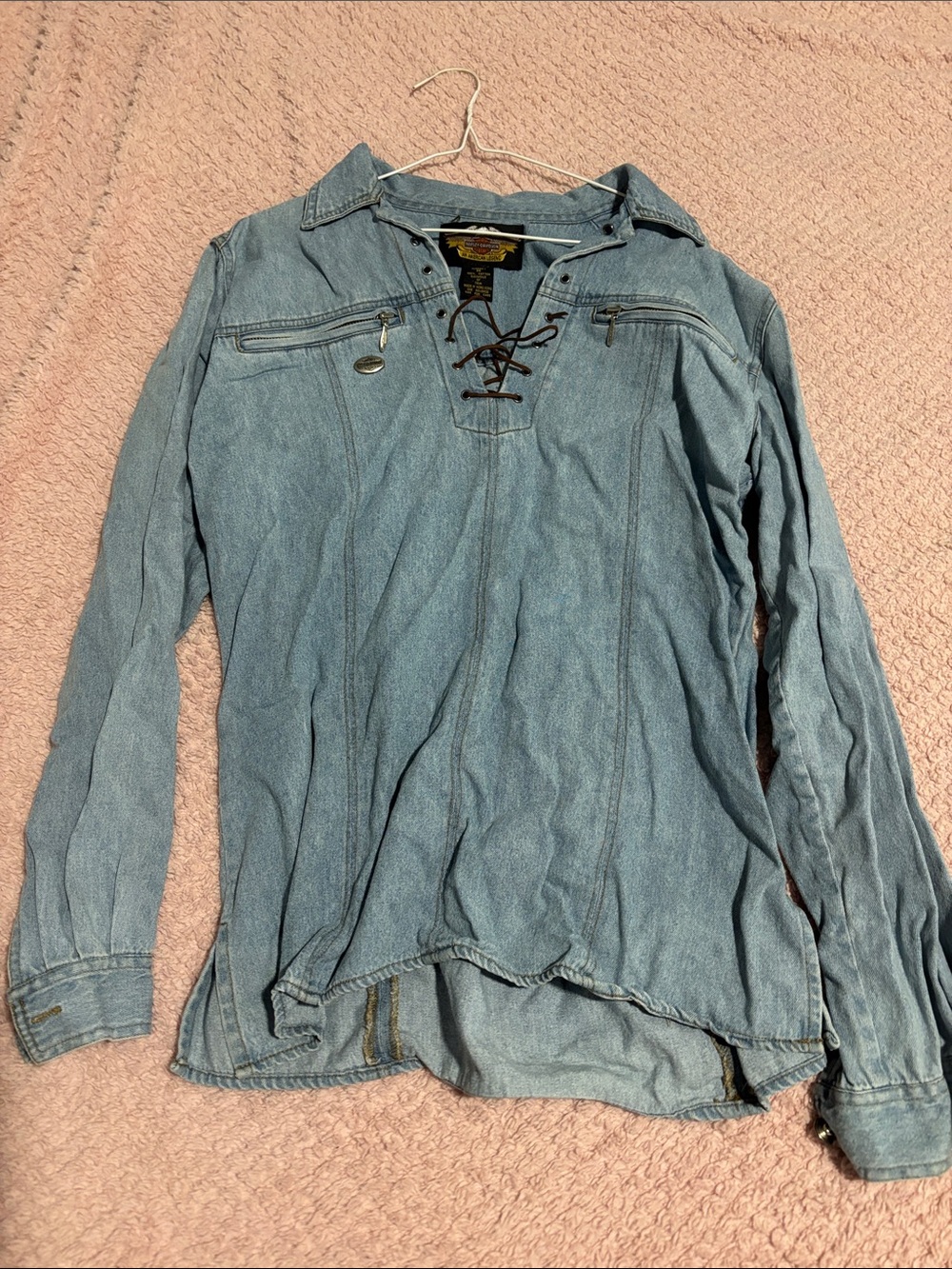 Vintage-Inspired Harley Davidson Light Blue Denim Lace-Up Women's Top